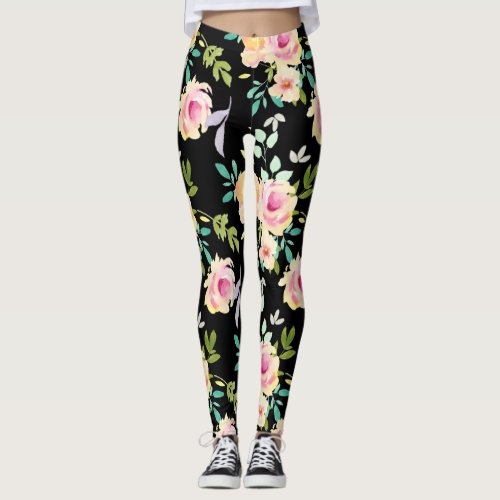 Pink and Peach Watercolor Flowers Leggings