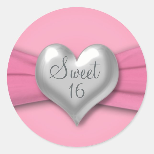 Pink and Pewter Heart Sweet Sixteen 1.5" Sticker (Front)