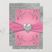 Pink and Pewter Heart Sweet Sixteen Invitation (Front/Back)
