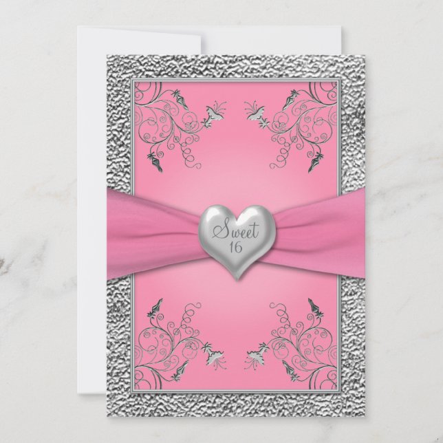Pink and Pewter Heart Sweet Sixteen Invitation (Front)