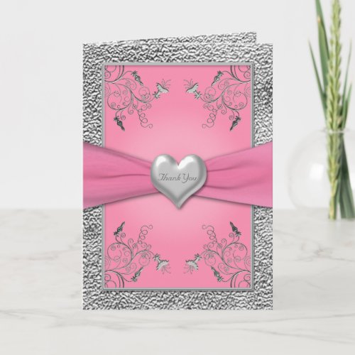 Pink and Pewter Heart Thank You Card