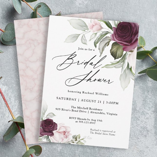 Pink and Plum Botanical Charm Bridal Shower Invitation (A feminine elegant botanical bridal shower invitation to personalize for your shower.)