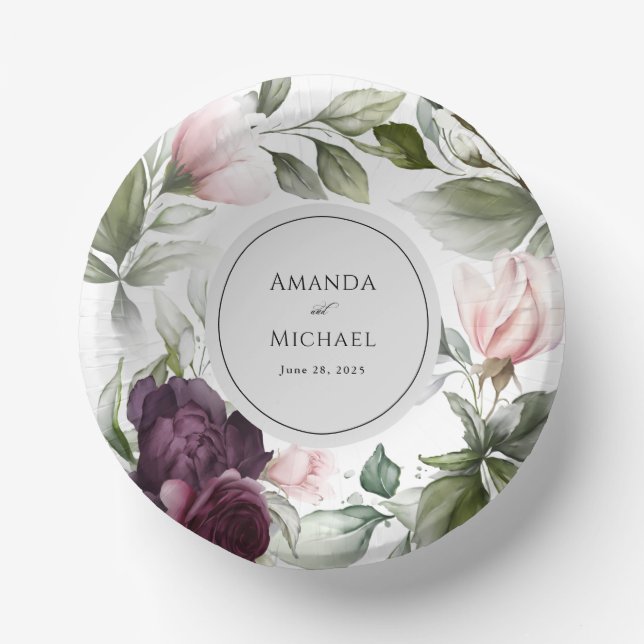 Pink and Plum Botanical Charm Wedding Paper Bowls (Front)