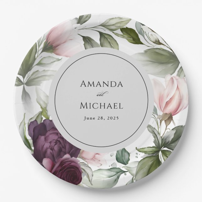 Pink and Plum Botanical Charm Wedding Paper Plates (Front)