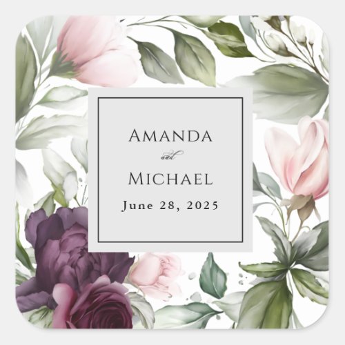 Pink and Plum Botanical Charm Wedding Square Sticker