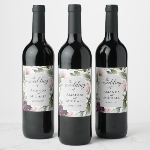 Pink and Plum Botanical Charm Wedding Wine Label