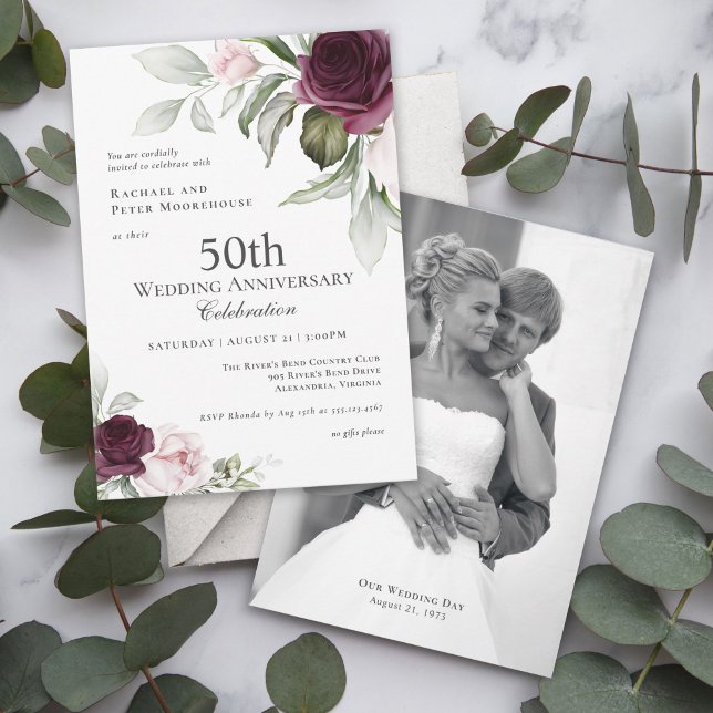 Pink and Plum Botanical Photo 50th Anniversary Invitation (This elegant photo invitation may be ordered as printed or digital download.)