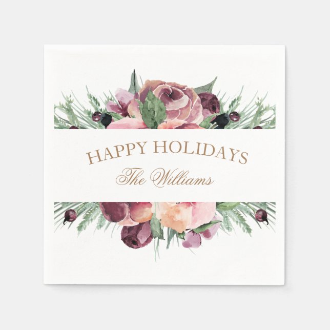 pink and plum modern happy holidays monogram napkins (Front)