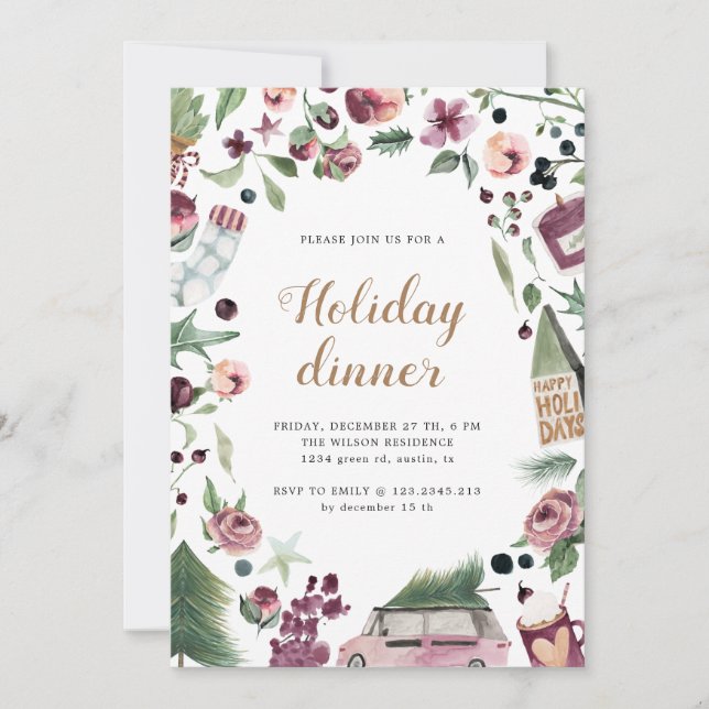 pink and plum modern holiday dinner card (Front)