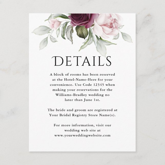 Pink and Plum Rose Floral Wedding Details Enclosure Card (Front)