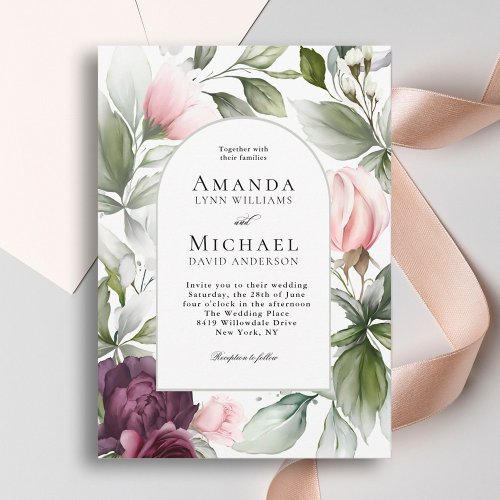Pink and Plum Watercolor Botanical Charm Wedding Invitation