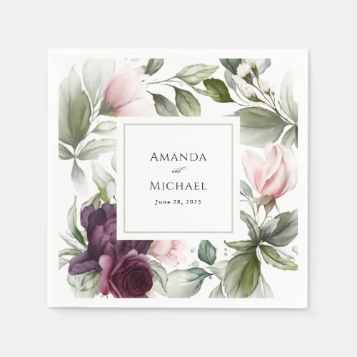 Pink and Plum Watercolor Botanical Charm Wedding  Napkins