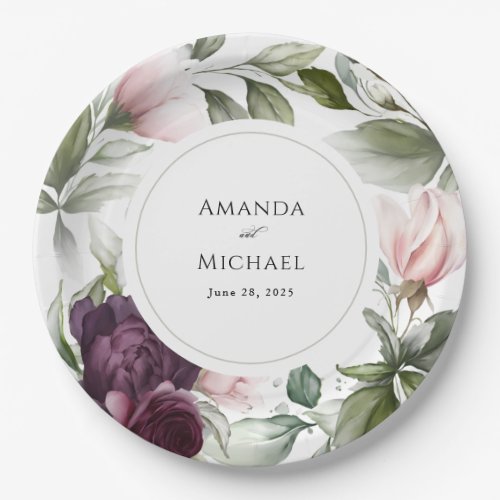 Pink and Plum Watercolor Botanical Charm Wedding Paper Plates