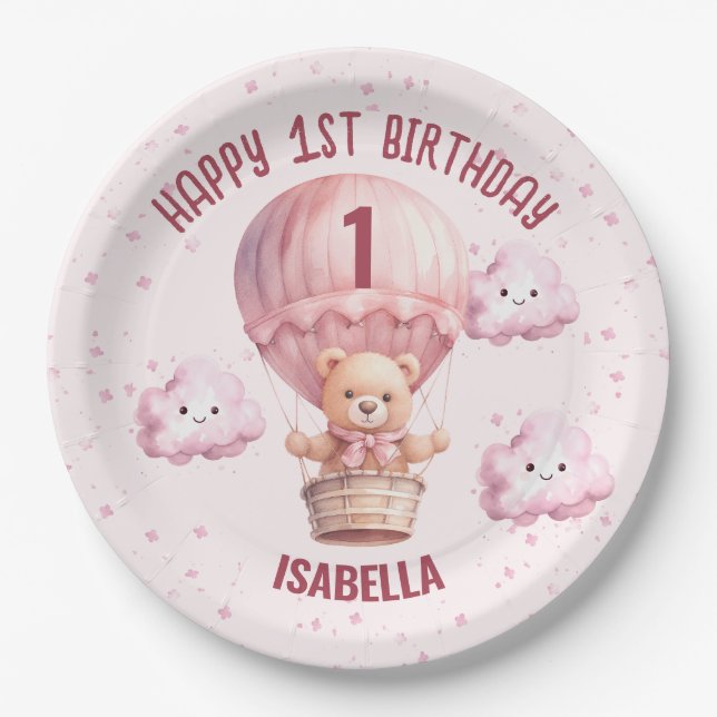 Pink and Pretty Teddy Bear Baby Girl Paper Plates (Front)