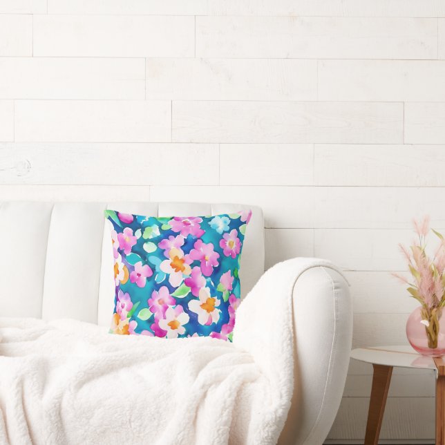 Pink and Pretty Watercolor Flowers Throw Pillow (Couch)