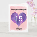 Pink and Purple 15th Birthday Granddaughter Card<br><div class="desc">A watercolor pink and purple 15th birthday granddaughter card, which features a watercolor heart against pink water color. You can personalize the heart with the age you need and add her name underneath the heart. The inside message can be easily edited if wanted. The back of the card has a...</div>