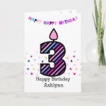 Pink and Purple 3rd Birthday Card<br><div class="desc">A colorful pink and purple happy 3rd birthday card for her, which you can personalize with her name. The front of this fun 3rd birthday card for her features the number three in a colorful striped design candle. The background has colorful confetti sprinkled around the three candle and above has...</div>