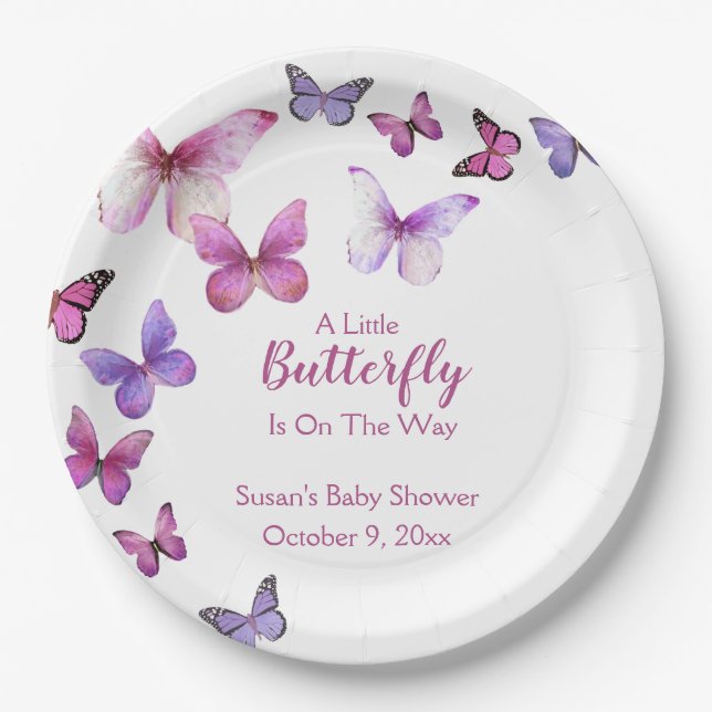 Pink and Purple A Litte Butterfly Baby Shower  Paper Plates (Front)