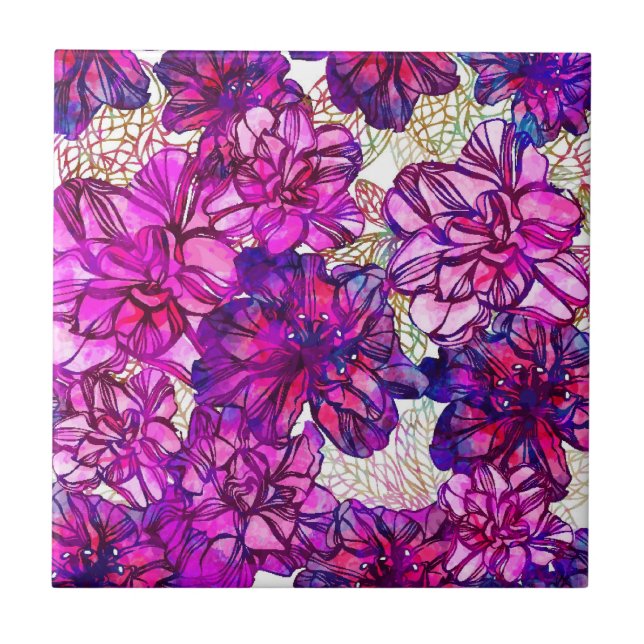 Pink And Purple Abstract Flowers Pattern Ceramic Tile (Front)