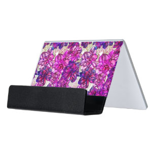Pink And Purple Abstract Flowers Pattern Desk Business Card Holder