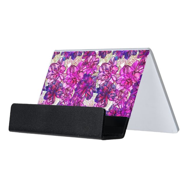 Pink And Purple Abstract Flowers Pattern Desk Business Card Holder (Angled Front)