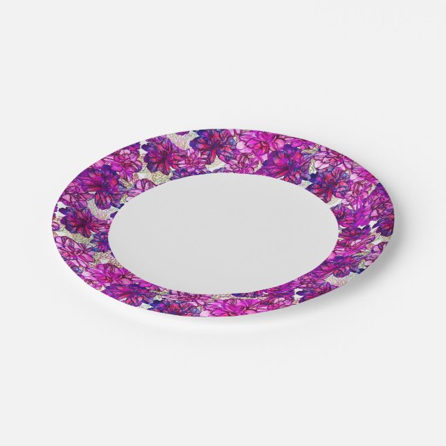 Pink And Purple Abstract Flowers Pattern Paper Plates (Angled)
