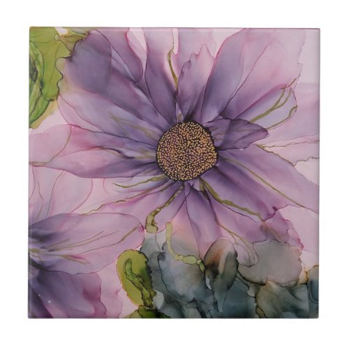 pink and purple alcohol ink flower ceramic tile