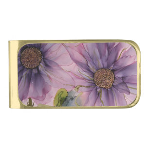 pink and purple alcohol ink flower gold finish money clip
