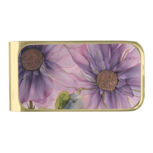pink and purple alcohol ink flower   gold finish money clip
