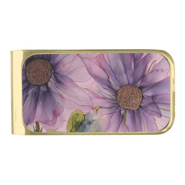 pink and purple alcohol ink flower   gold finish money clip (Front)