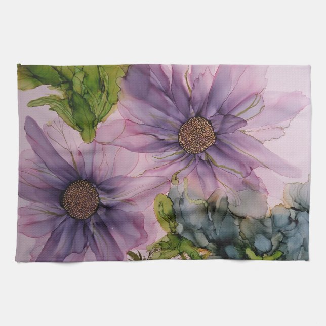 pink and purple alcohol ink flower  kitchen towel (Horizontal)