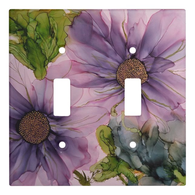 pink and purple alcohol ink flower light switch cover (Front)