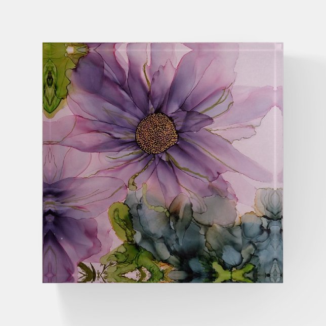 pink and purple alcohol ink flower paperweight (Front)
