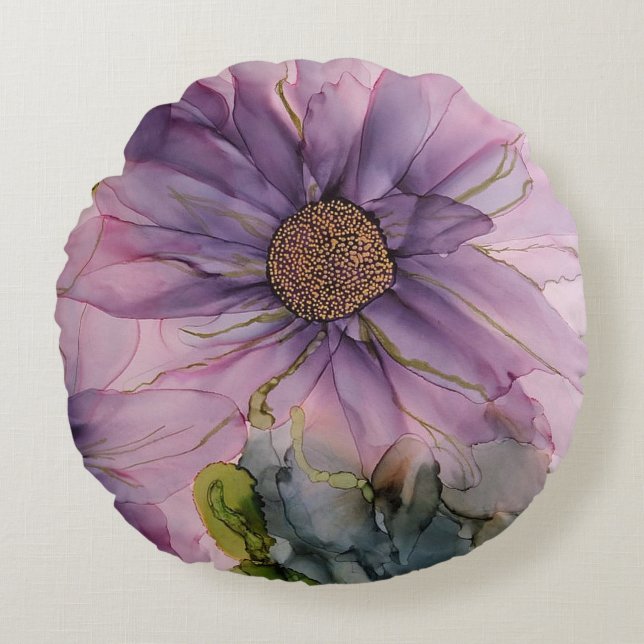 pink and purple alcohol ink flower  round pillow (Front)
