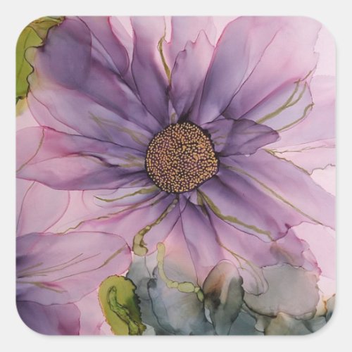 pink and purple alcohol ink flower  square sticker