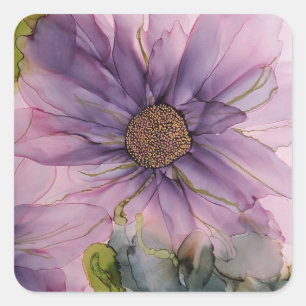 pink and purple alcohol ink flower square sticker