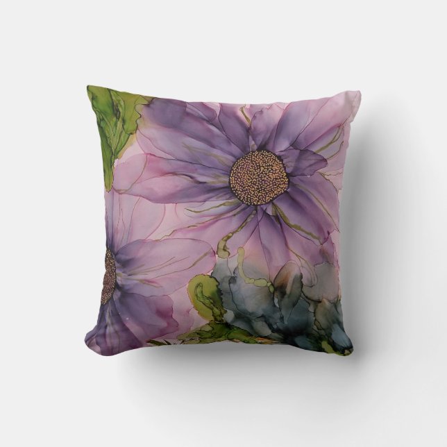pink and purple alcohol ink flower throw pillow (Front)