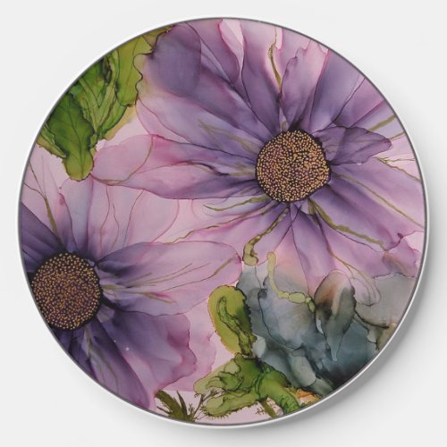 pink and purple alcohol ink flower wireless charger 