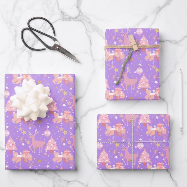 Pink and Purple and Gold Christmas Design Wrapping Paper Sheets (Front)