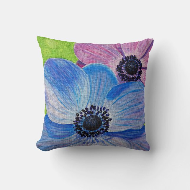 Pink and Purple Anemones Painting Throw Pillow (Front)