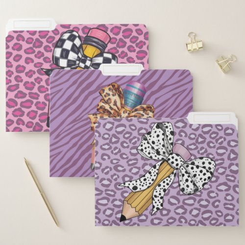 Pink and purple animal print pencils file folder