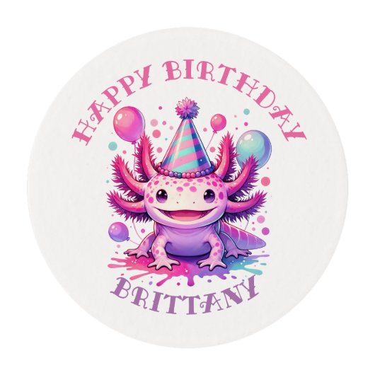 Pink and Purple Axolotl Girl's Birthday Party Edible Frosting Rounds (Front)