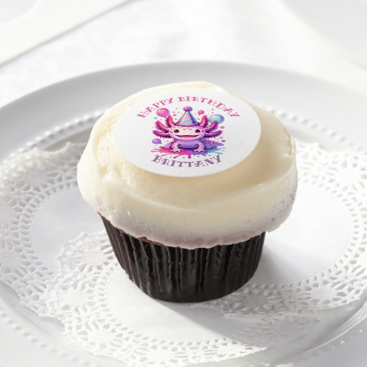 Pink and Purple Axolotl Girl's Birthday Party Edible Frosting Rounds (Cupcake)