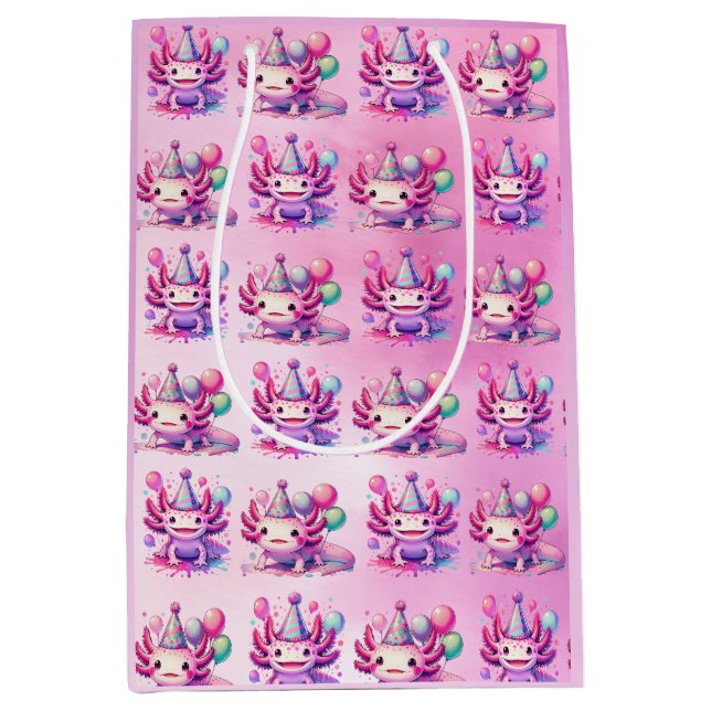 Pink and Purple Axolotl Girl's Birthday Party Medium Gift Bag (Front)