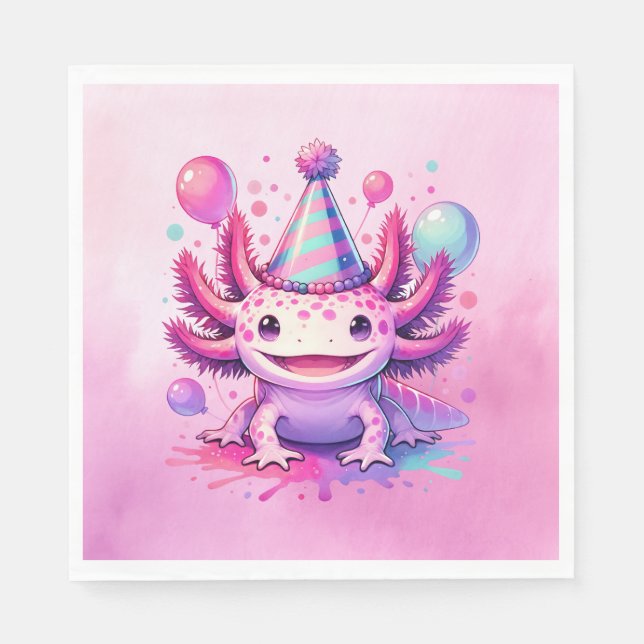 Pink and Purple Axolotl Girl's Birthday Party Napkins (Front)