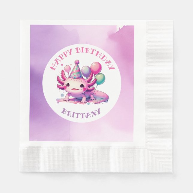 Pink and Purple Axolotl Girl's Birthday Party Napkins (Front)