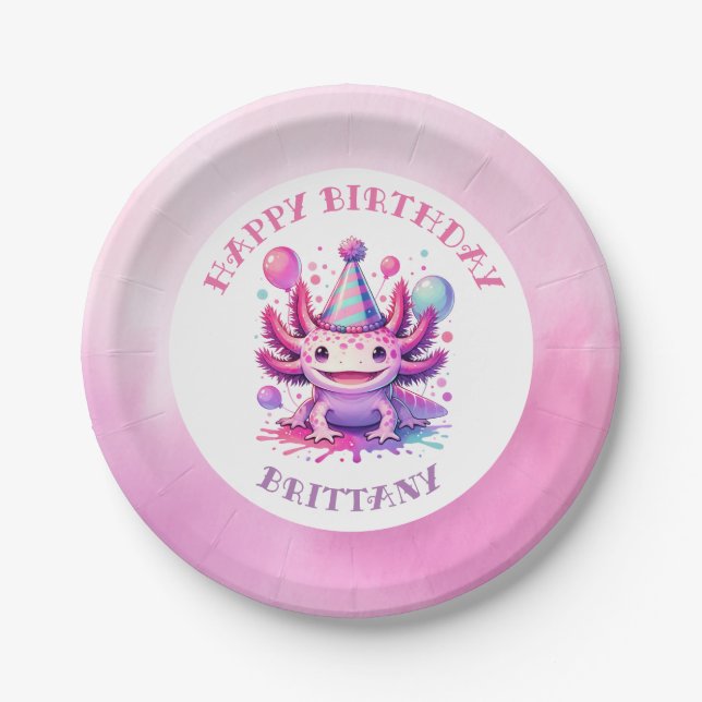 Pink and Purple Axolotl Girl's Birthday Party Paper Plates (Front)