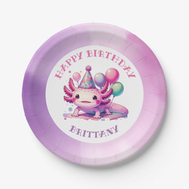 Pink and Purple Axolotl Girl's Birthday Party Paper Plates (Front)