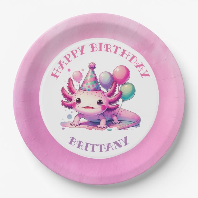 Pink and Purple Axolotl Girl's Birthday Party Paper Plates (Front)