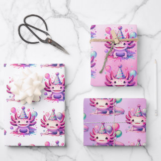 Pink and Purple Axolotl Girl's Birthday Party Wrapping Paper Sheets